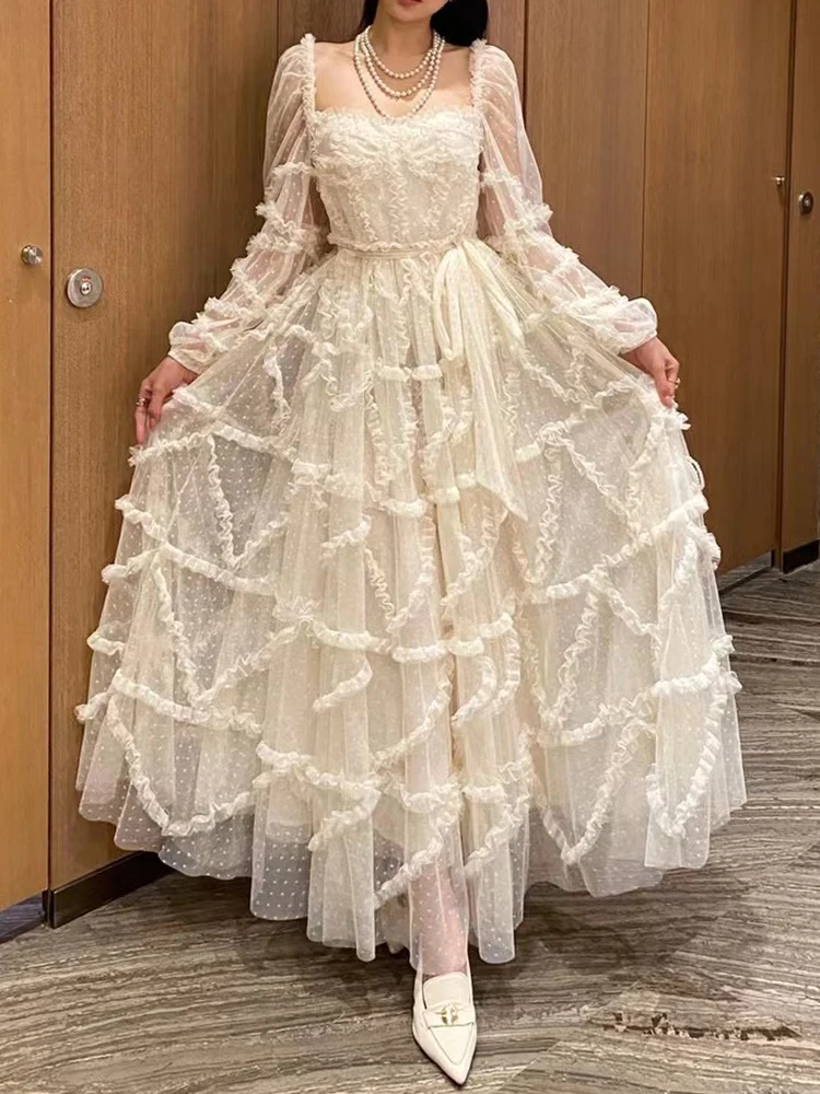 

Pleated Zou wooden ear edge vintage polka dot gauze high waist top dress 2024 spring women's new fashion loose pouffant skirt