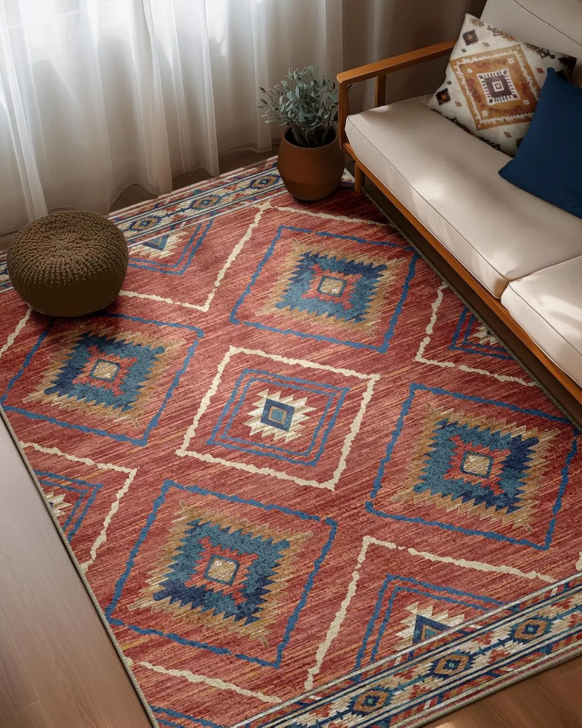 Area Rug 5x7 Rug Machine Washable Non-Slip Low Pile Print Pattern Western Rug for Living Room Bedroom Entryway Tribal Series -Re