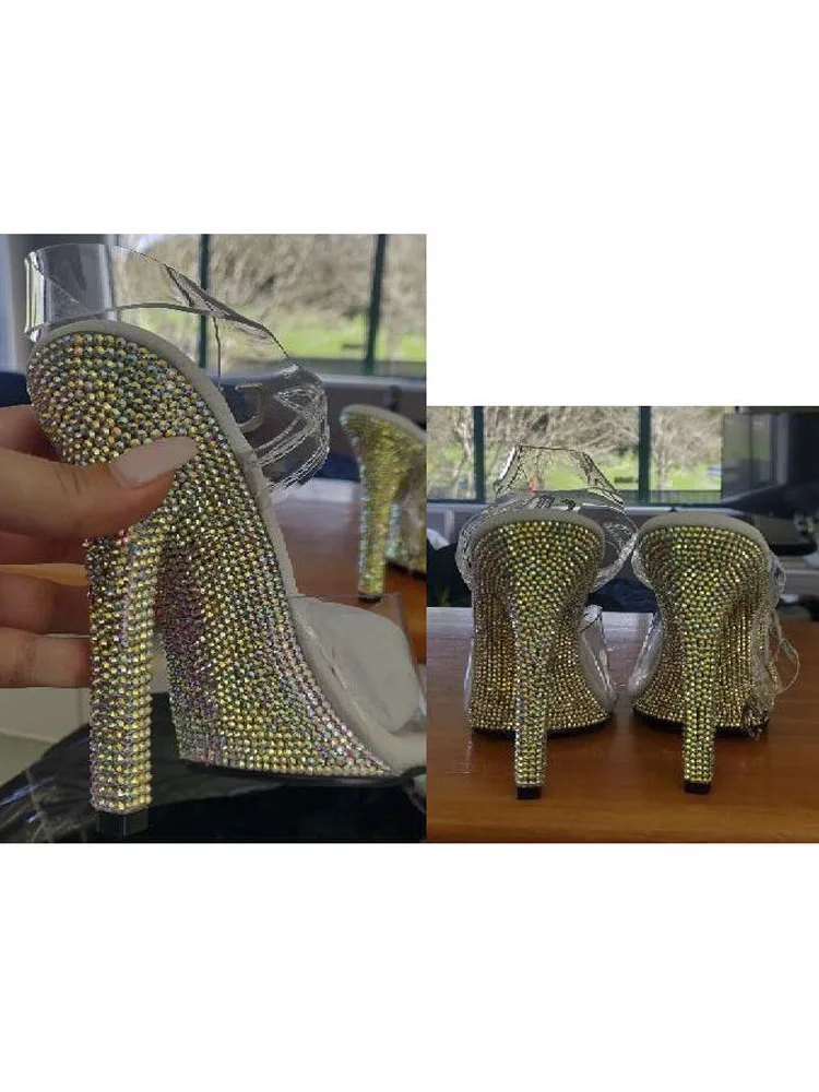 12cm high heel shoes modeling performance, bikini competition shoes, rhinestone soles stripper fetish sandals evening 5 inches