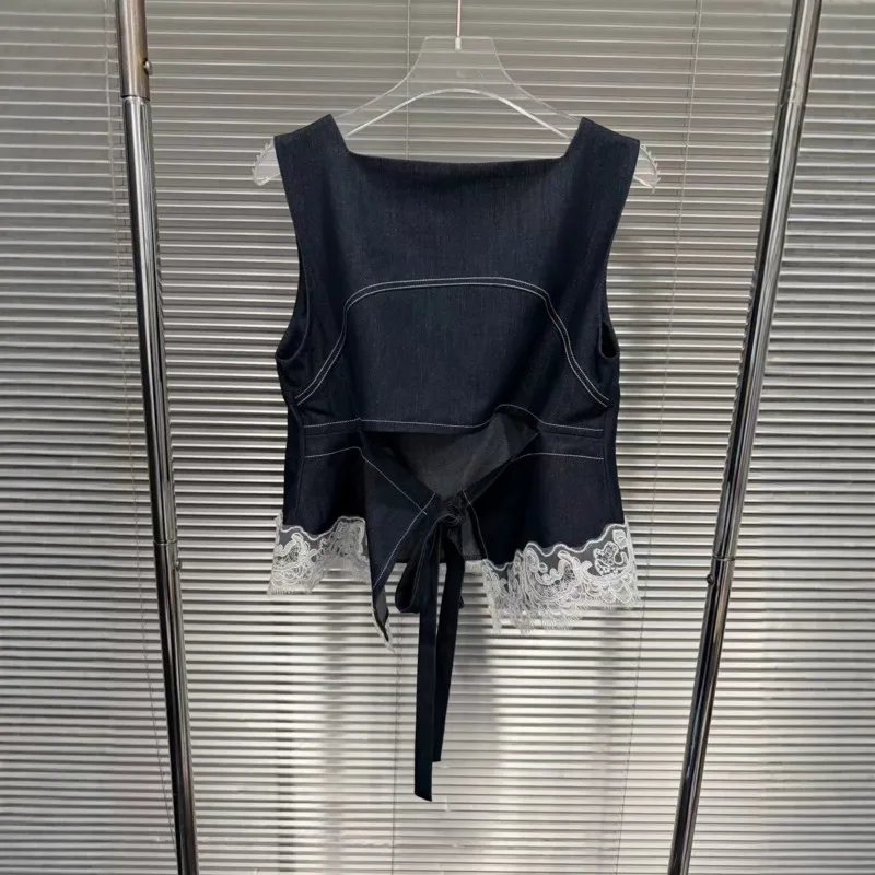 ANJY Summer New Women Design Lace Patchwork High-End Backless Sleeveless Lace-Up Tank Top Color Block Niche Slim Fit Vest A24257