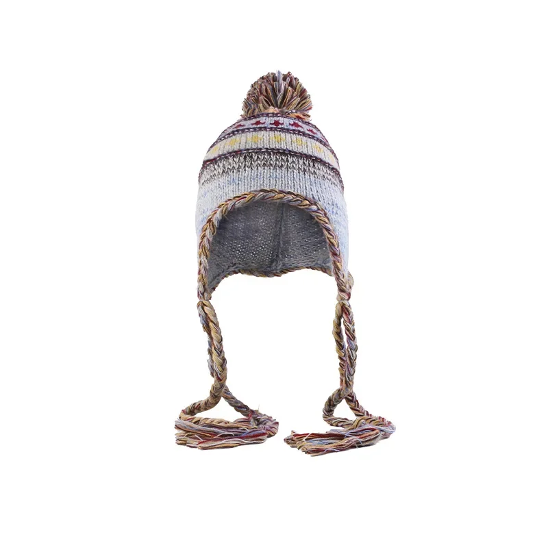 Vintage Knitted Wool Hat Female Ethnic Style Fringed Braids Ear Protection Pullover Hat Warm and Cold Cycling Knitted Bomber Hat