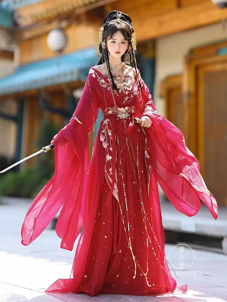 

Original Hanfu Tang Dynasty Heavy Industry Red Embroidery Hezi Skirt Full Set Women Vintage Fairy Princess Cosplay Dance Suit