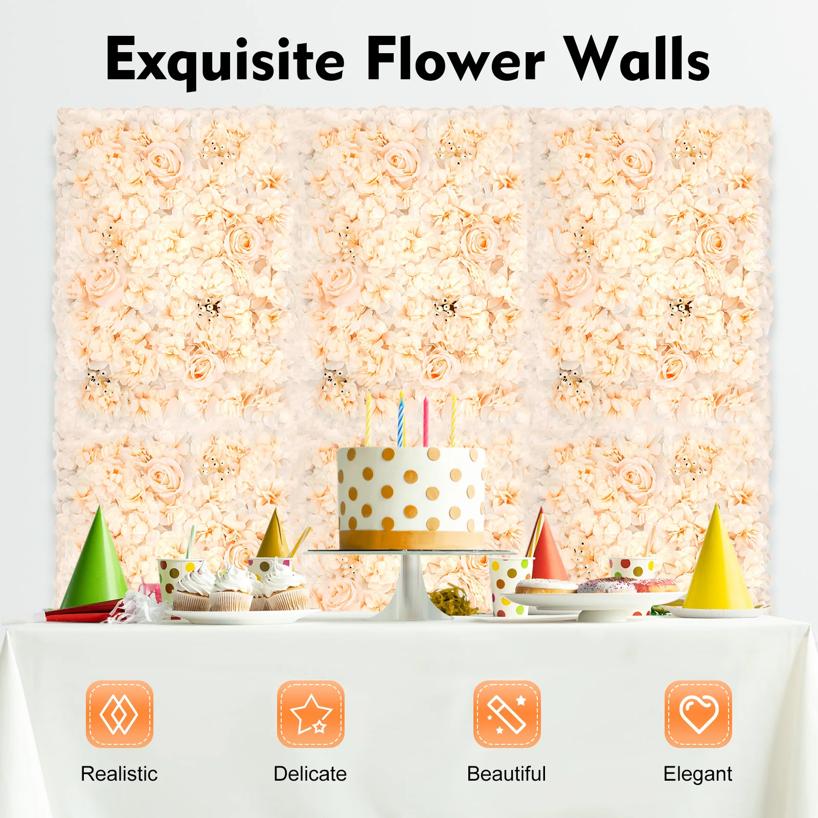 Panel de pared de rosas de flores artificiales, telón de fondo de flores 3D, rosas de imitación para boda, fiesta, cumpleaños, patio, blanco + amarillo fuego, 6 uds.