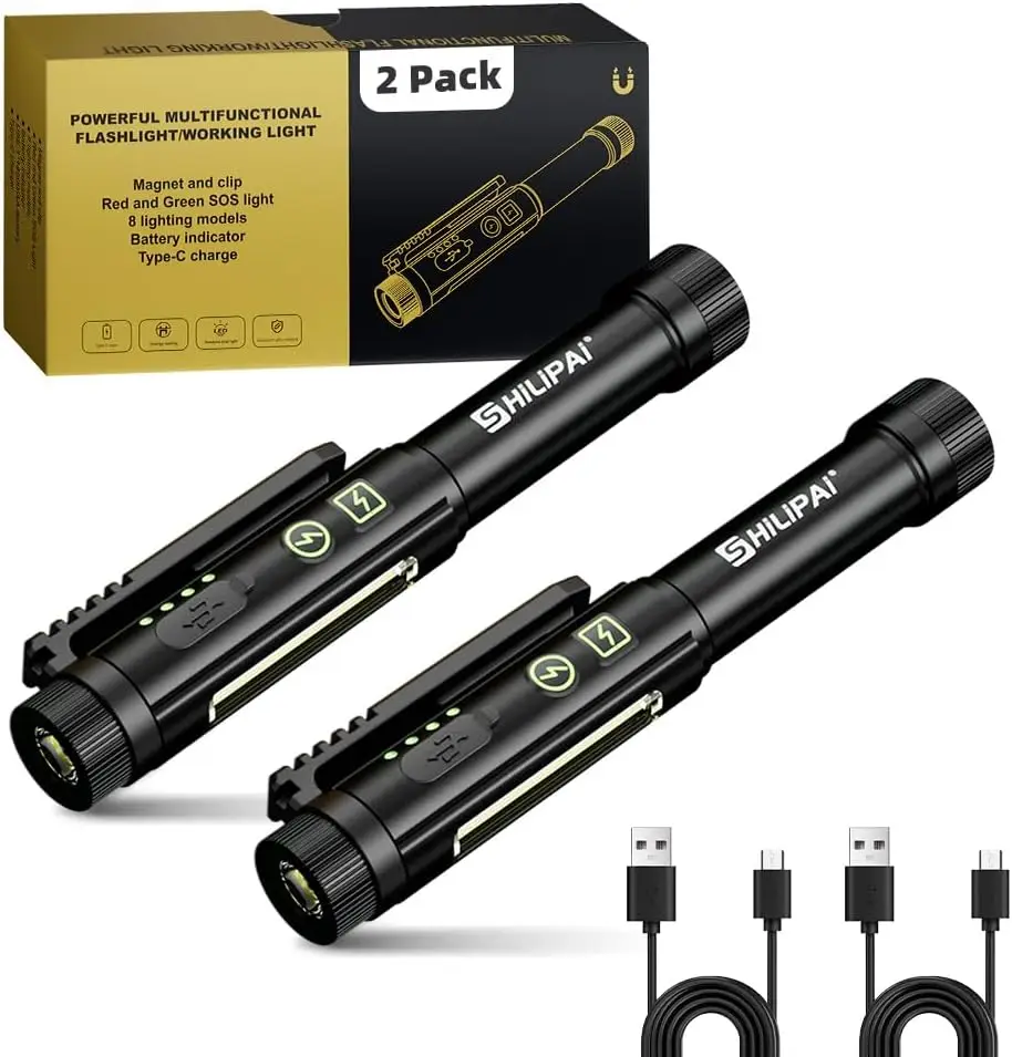 

Перезаряжаемый мини-магнитный фонарик, 600 люмен, 8 режимов, водонепроницаемый с зажимом, карманный фонарь EDC (2 шт., черный)