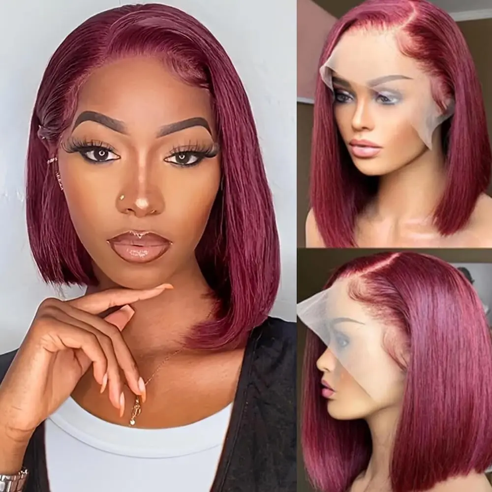 13x4 dentelle avant Bob perruque cheveux humains droite Bob perruques 100% cheveux humains 99J couleur rouge 8-14 pouces perruques 200 densité