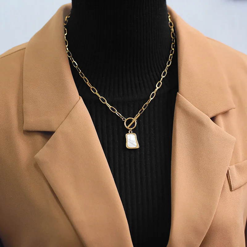 316L Stainless Steel Geometric Trapezoidal Pearl Oyster Pendant Necklace For Women New OT Buckle Chains Jewelry Gifts