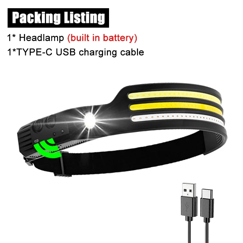 ZHIYU Induktionsscheinwerfer, COB-LED-Sensor, Stirnlampe, eingebauter Akku, Taschenlampe, wiederaufladbar über USB, Stirnlampe, 10 Beleuchtungsmodi, Scheinwerfer 4