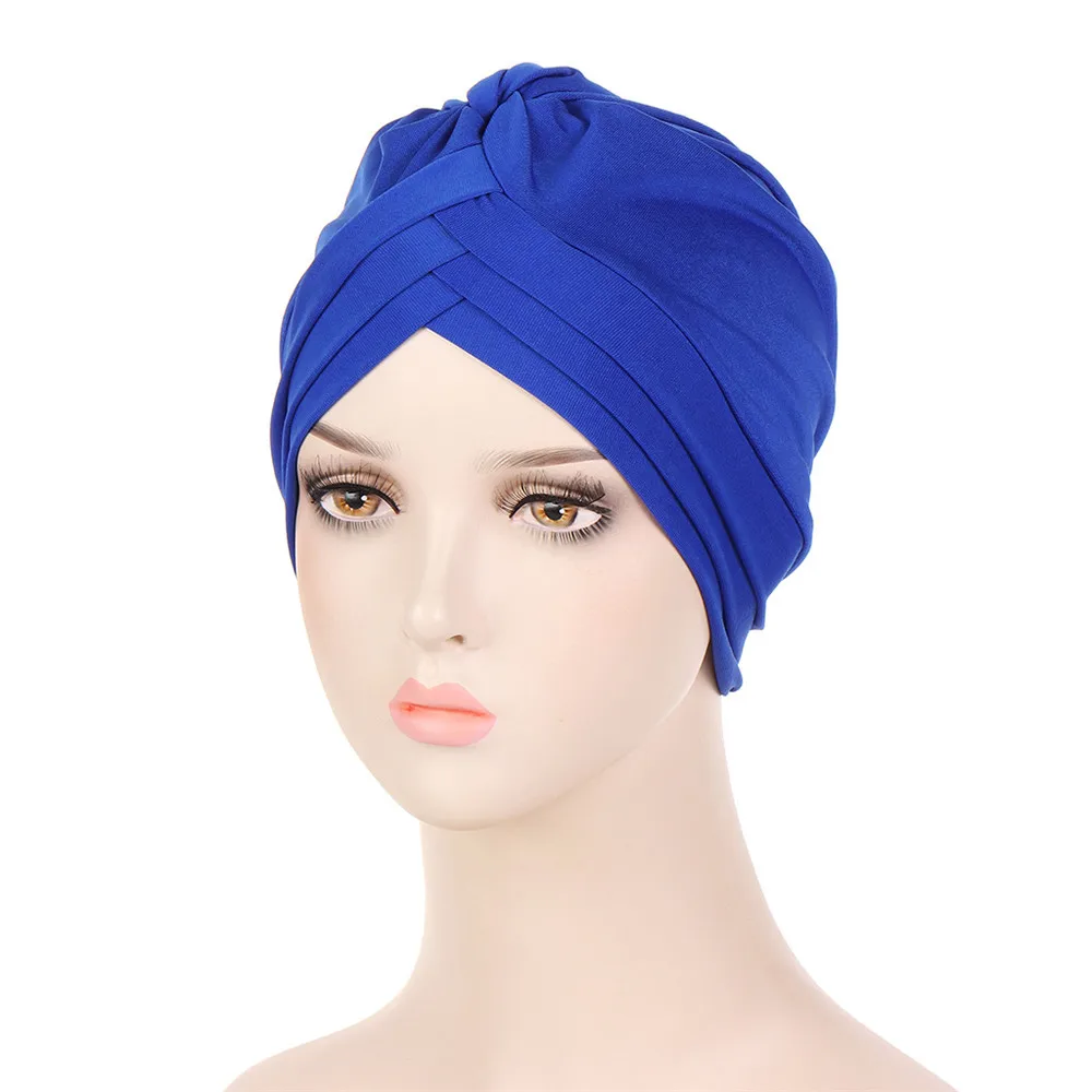 Muslim Women Twisted Knot Chemo Caps Hair Loss Indian Hats Forehead Cross Folded Hijab Lady Pleated Bonnet Headwrap Scarf Cover