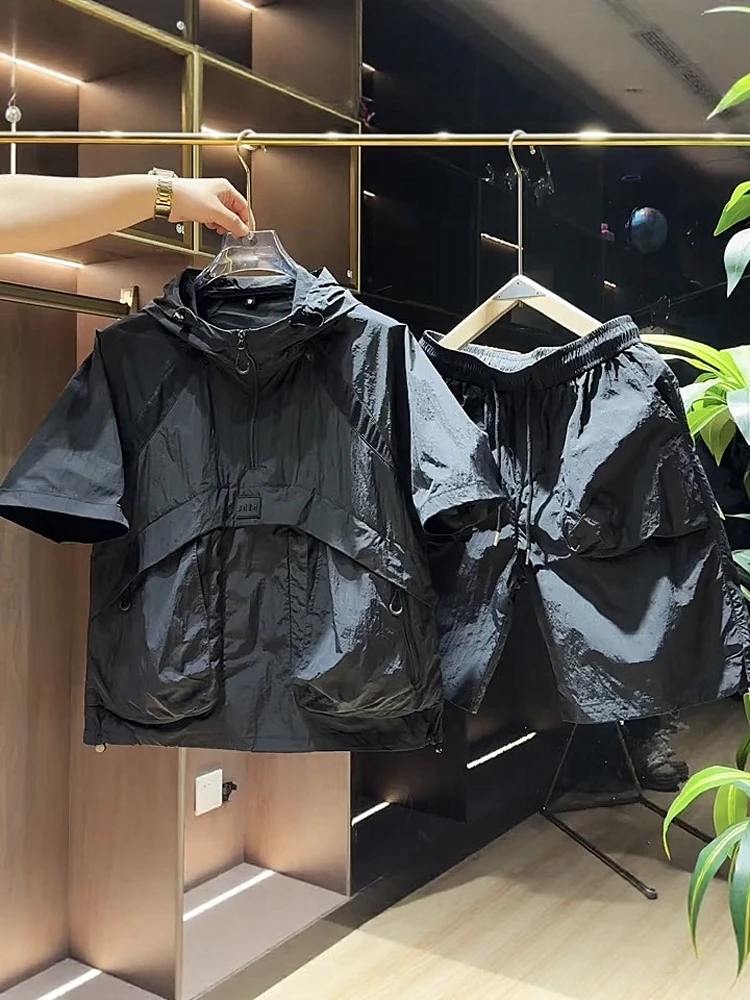 

Summer Thin Ice Silk Qui Dry Casual Sports Set Men's Trendy Large ket Hoodie ort Sve orts Ensemble