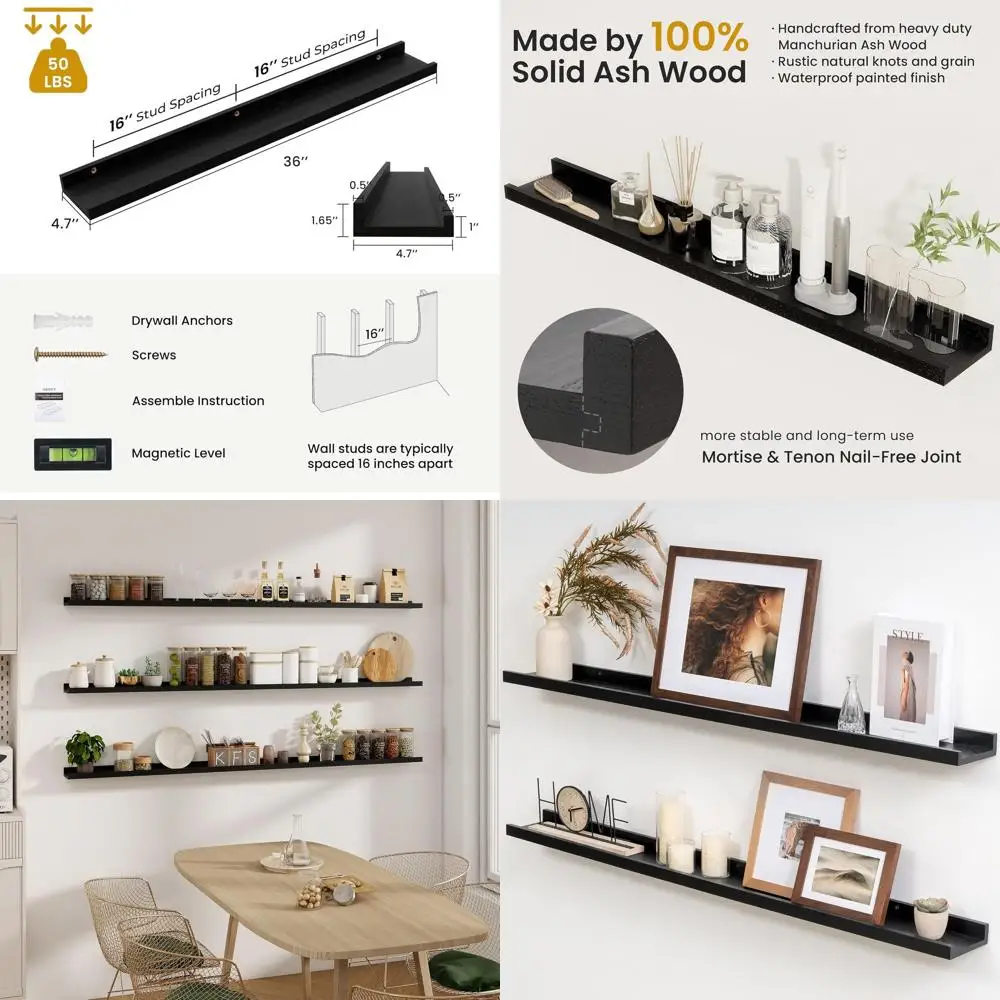 

36 Black Solid Ash Wall-Mounted Picture Ledge, Set of 2 Floating Shelves with Lip, Ideal for Home Decor and Storage