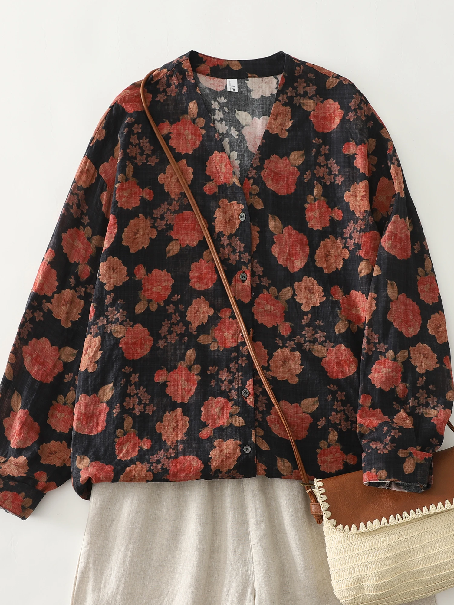 Retro floral aquarela algodão linho casual v-ne tamanho grande irt anti-envelhecimento nova chegada outono 2025 senhoras faion irt