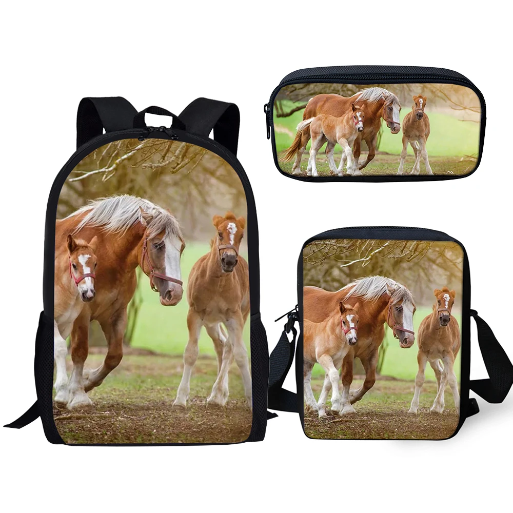 Trendy Popular Cool Horses 3D Print 3pcs/Set pupil School Bags Laptop Daypack Backpack Inclined shoulder bag Pencil Case