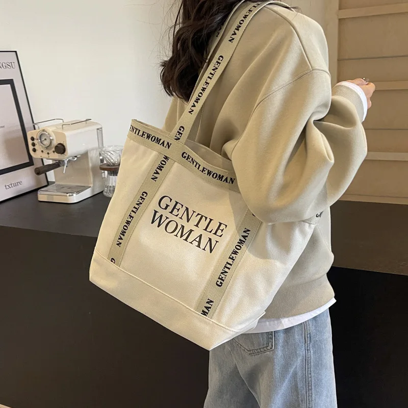 New Women's Large Capacity Letter Printed Canvas Shoulder Bag Casual Tote Bag Handheld Shopping Bag Fashionable Versatile