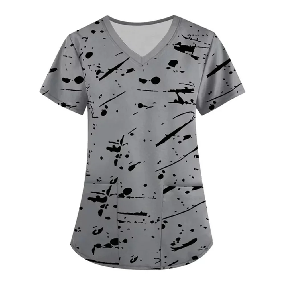 Women Short-Sleeved V-Neck Nurse Top Halloween Women'S Fashion Casual Printing Top Protective Work Suit Medical Working Uniform