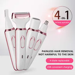 Maquinilla de afeitar eléctrica 4 en 1 para mujer, Kit de depilación Facial, recortadora de vello corporal indolora, recortadora de Bikini recargable por USB