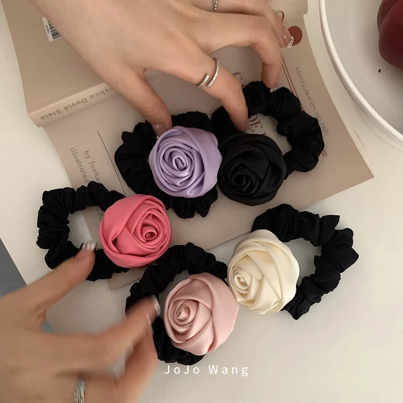 Leather Band Upgrade~Satin Rose Hair Ring Headwear High Elastic Tied Hair Ornament Headrope Korean Flower Hair Ring Headwear