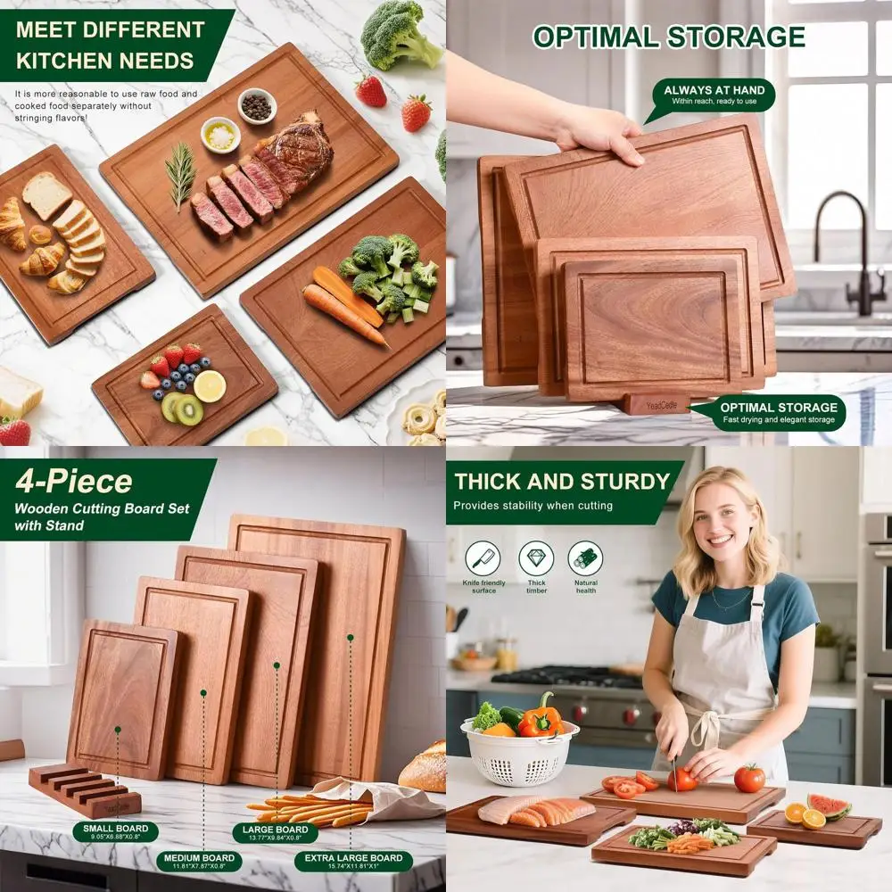 

Набор из 4 нетоксичных досок для резки дерева Sapele с держателем, от 9x7 до 16x12, коричневый