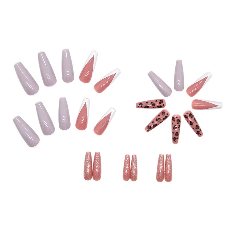 24pcs French Leopard Print Press on Nail Long Square Shape Artificial Fake Nails Seamless Removable False Nail