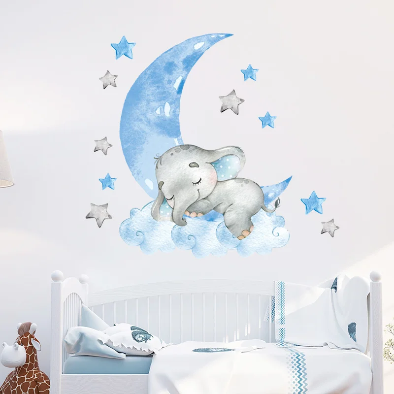 Elephant Sleeping Moon Star Wall Stickers for Kids Room Baby Nursery Room Decoration Wall Decals Home Decor Cartoon Animal