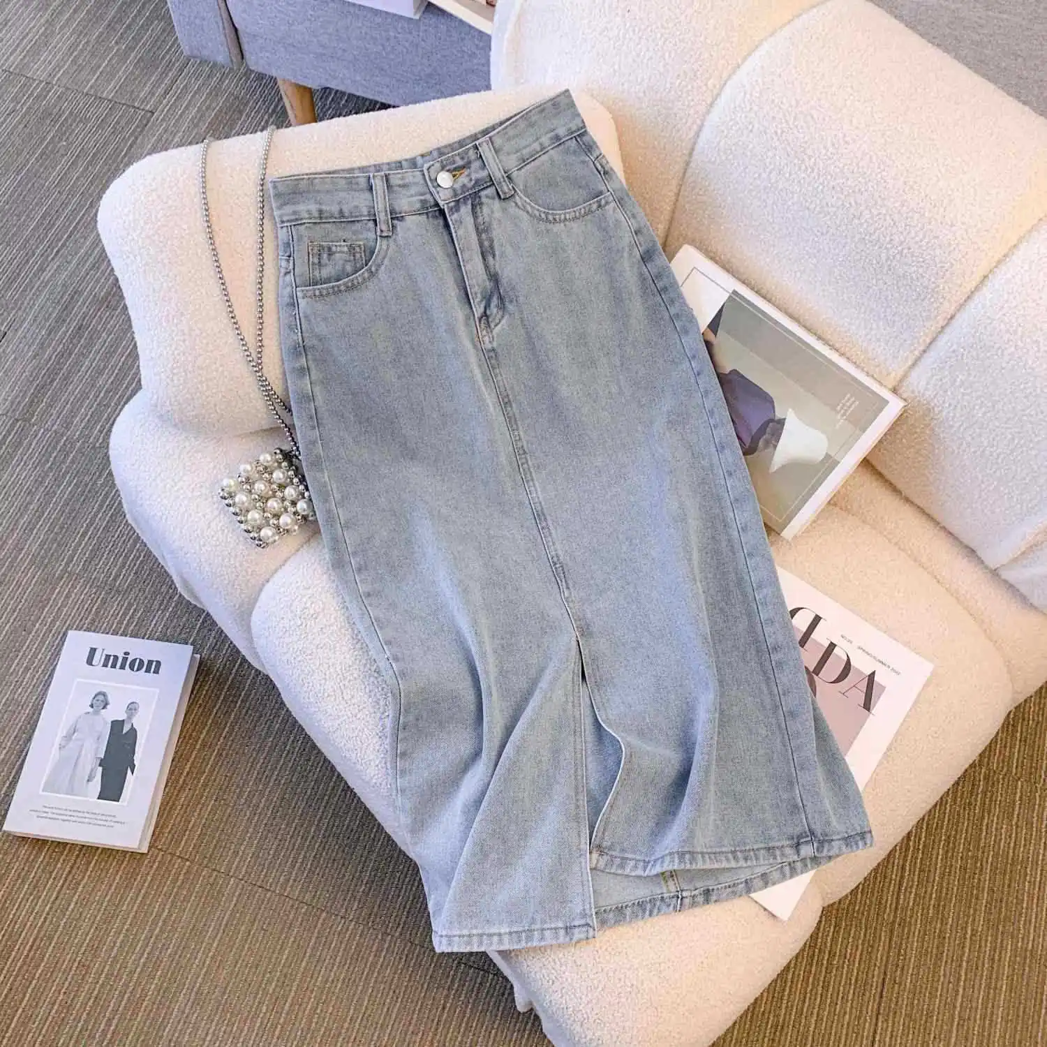 

Korean Style Slit Denim Skirts Women Spring Summer High Waist A-line Thin Mid Long Skirts Fashion Trend All-matched Skirts