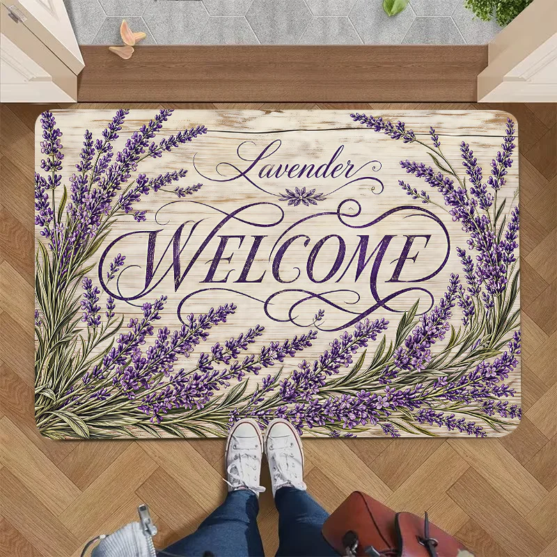 Rustic Farmhouse Welcome Doormat Lavender Floral Wreath Entry Mat Polyester Durable Home Decor Rug for Porch Front Door Step Dec