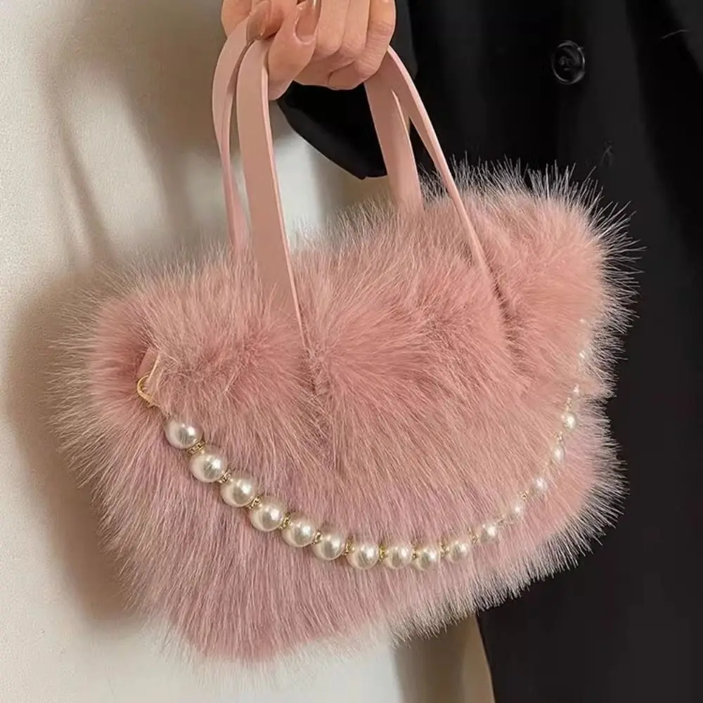 

Korean Style Square Crossbody Bag Pearl Chain Handle Solid Color Faux Rabbit Fur Handbag Niche Design Tote Bag Small Phone Bag
