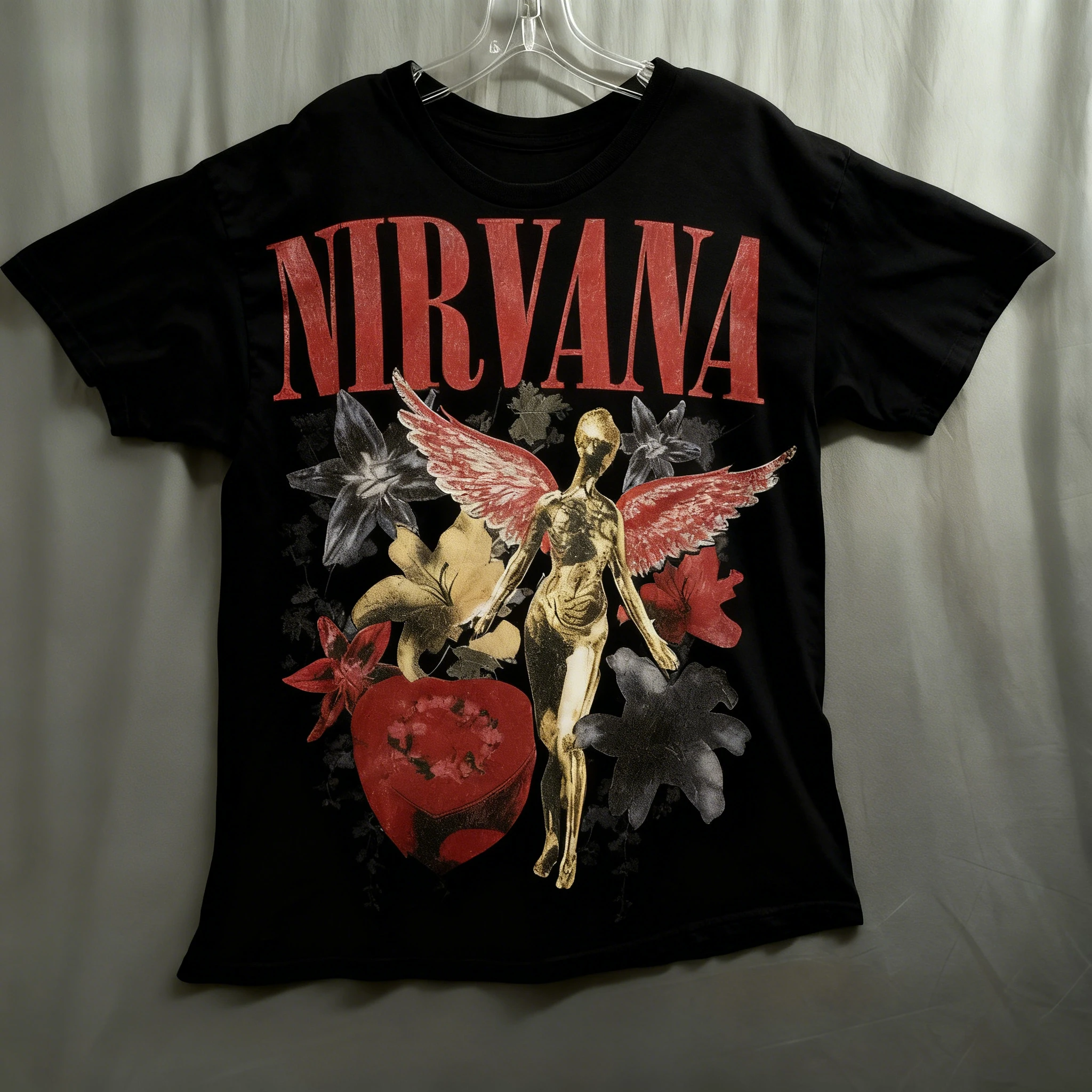 

Nirvana Винтажная рок-группа из 100% хлопка с круглым вырезом и короткими рукавами Футболка в стиле ретро с цветочным рисунком ангела для любителей музыки в стиле гранж