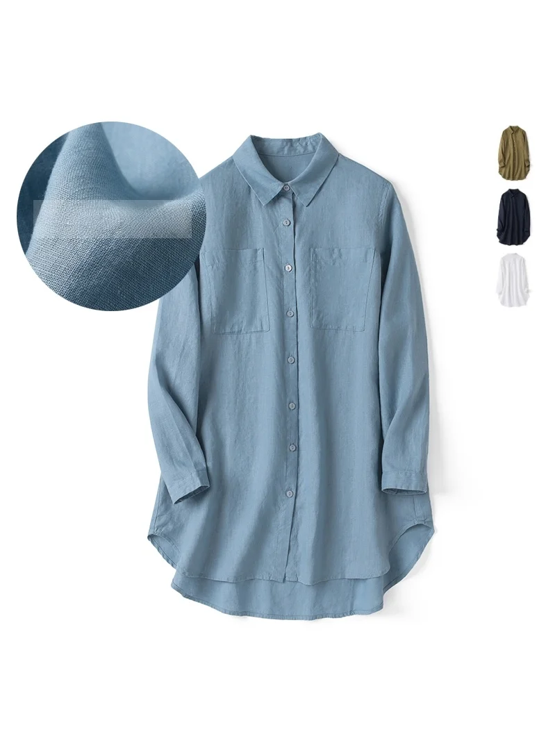 

Spring Summer New plus Size Loose Fit Long Sve Women's irt Jaet Linen Material Mid-Length Collar Pure Color Design