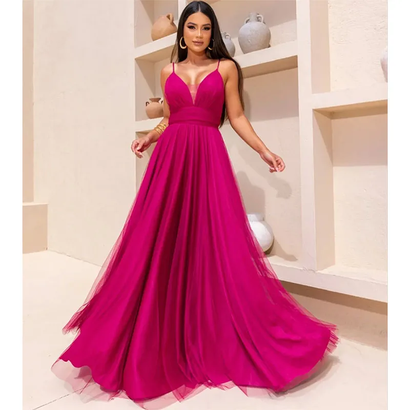 Eleganti abiti da sera fucsia lunghi con scollo a v senza spalline a-line Tulle lunghezza del pavimento abito da ballo senza schienale per le donne