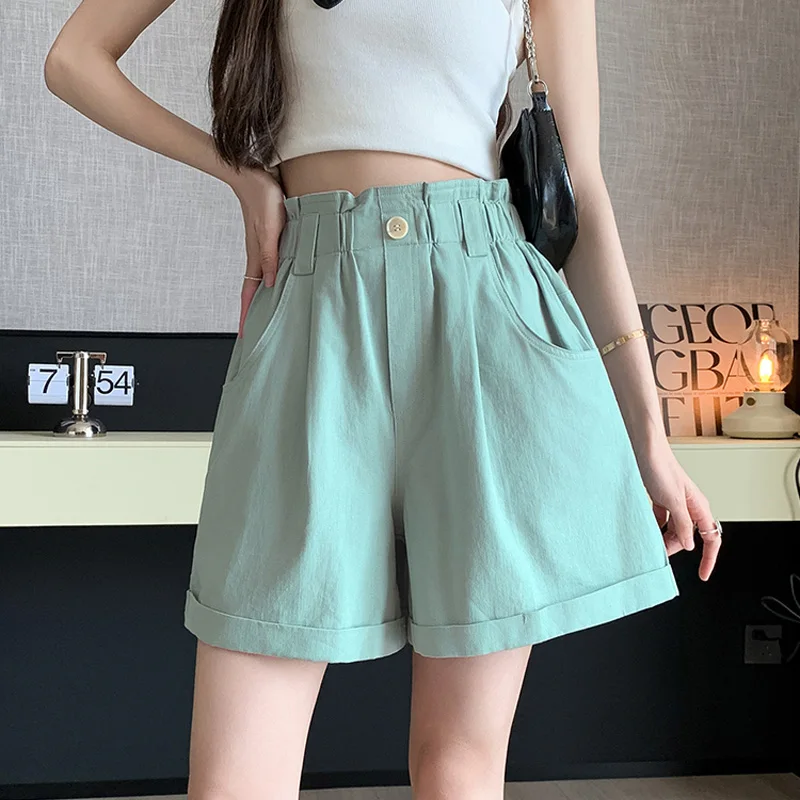

Solid Color Casual Women Shorts 2024 New Summer Fashion Elastic High Waist A-line Wide Leg Shorts Woman Cute Bud Shorts