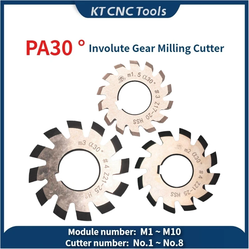 

M1 M1.5 M2 M2.5 M3 M4 M5 M6 M8 M10 No.1-No.8 PA30 Involute Gear Cutter Spline High Speed Steel Milling Cutter Pressure Angle 30°