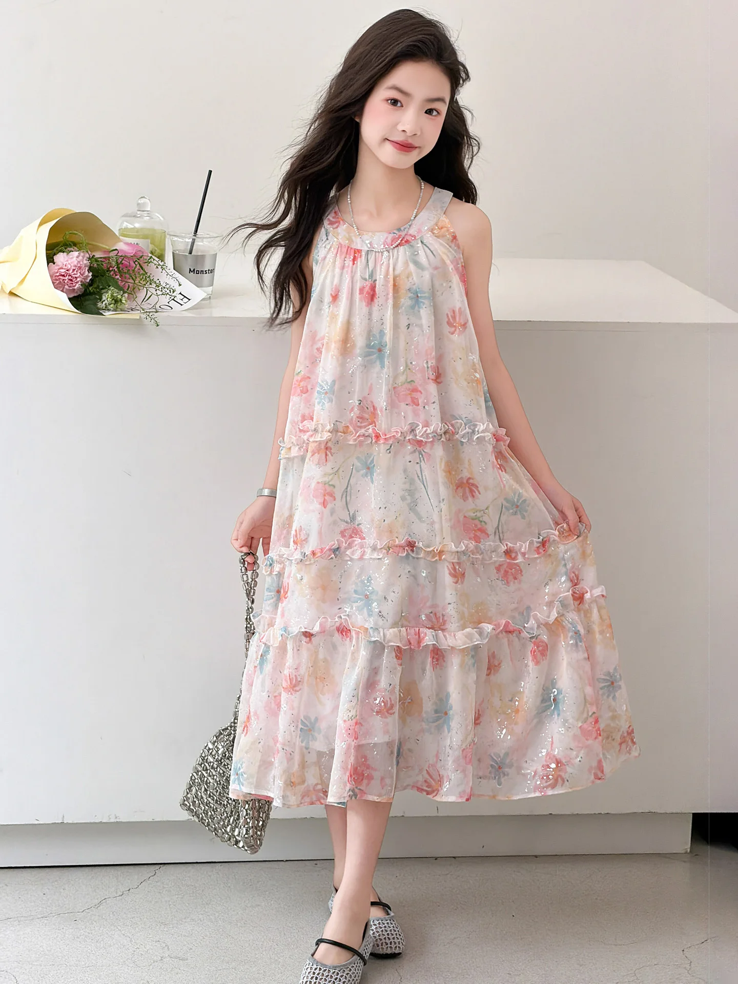 Vestido de Verão para Meninas, Comprimento até o Joelho, Floral, Estilo Doce, Casual, Caimento Solto, Decote Redondo, Sem Man...