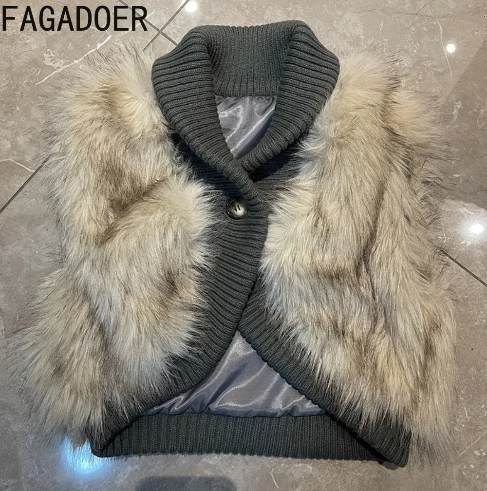 سترة FAGADOER المثيرة المصنوعة من الفرو للنساء بلون سادة سترات قصيرة بدون أكمام أمريكية كلاسيكية ملابس خروج نسائية