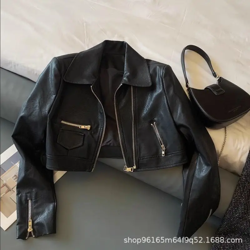 American Trendy Brand Motorcycle Slim Fit Short Coat For Women Double Zipper Washed Street Style Versatile PU Leather Jacket