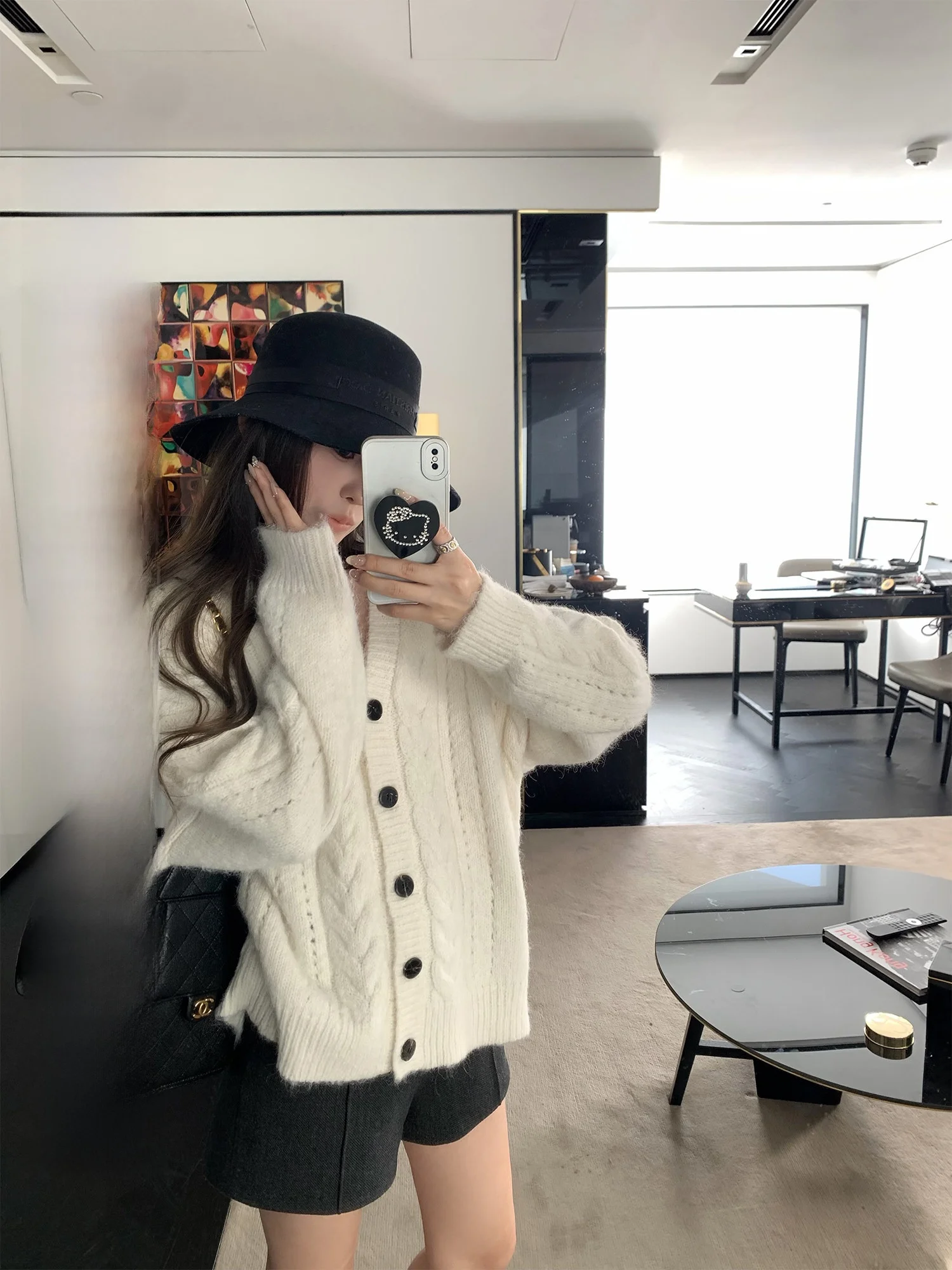 

Hhi Velvet Knitted Open Cardigan Women's Spring Oversize Loose Slimming Rabbit Sweater Casual Sle V-ne Long Sve