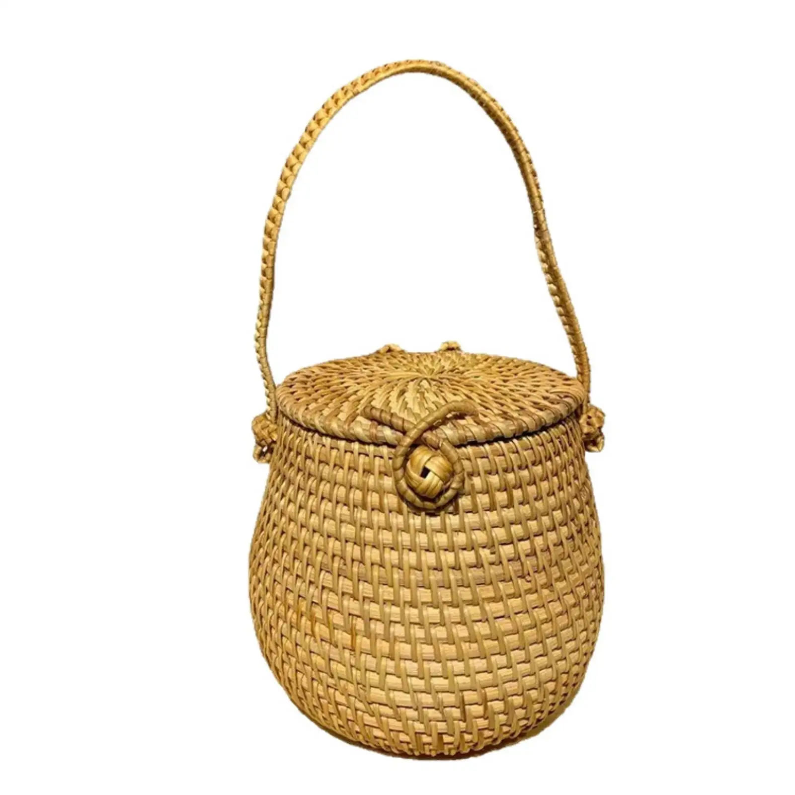 Rattan Tea Canister with Lid Lidded Round Wicker Storage Basket Compact