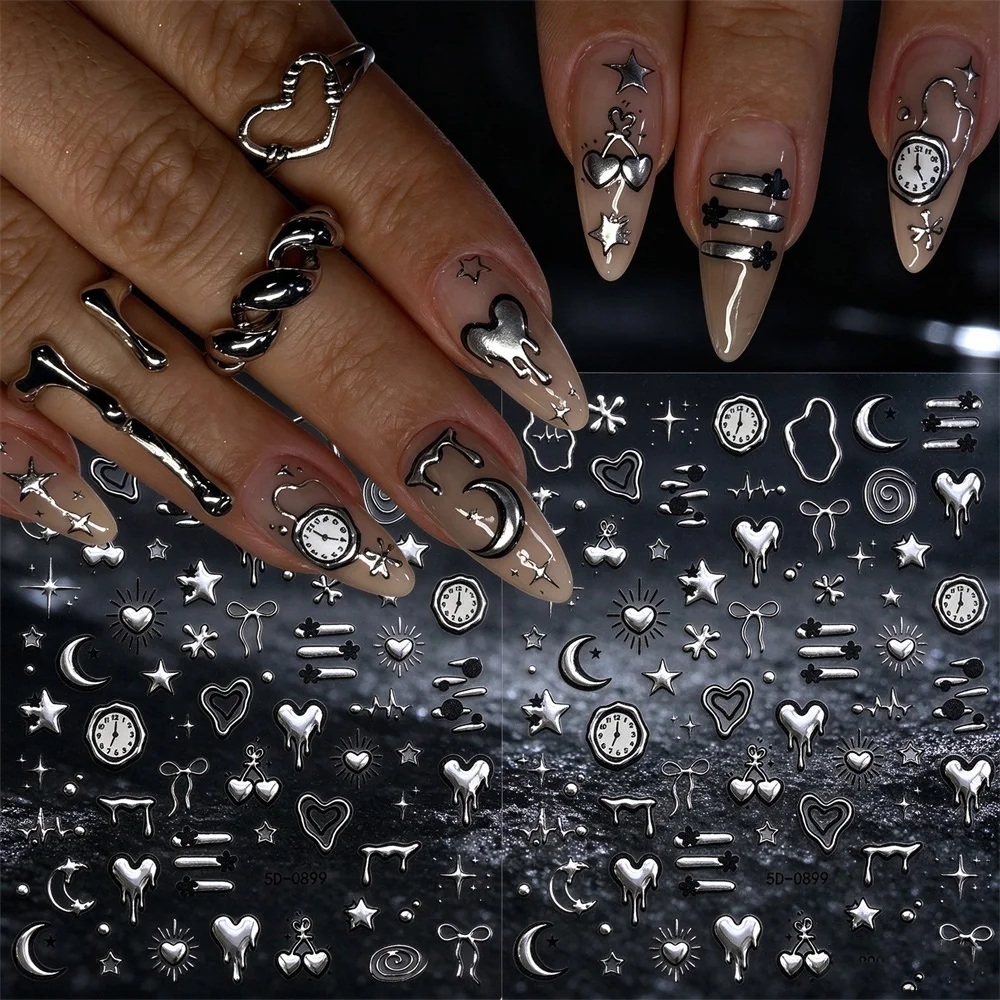 1Pcs 5D Silver Metallic Nail Stickers Punk Heart Star Moon Clock Nail Decals Self Adhesive Nail Art Decorations For Manicure DIY