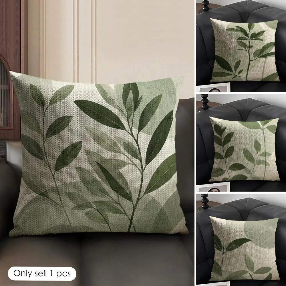 Boho Green Leaf Botanical Cushion Cover Natural Linen Organic Fabric Double-Sided Printing Breathable Perfect Gift For Decor