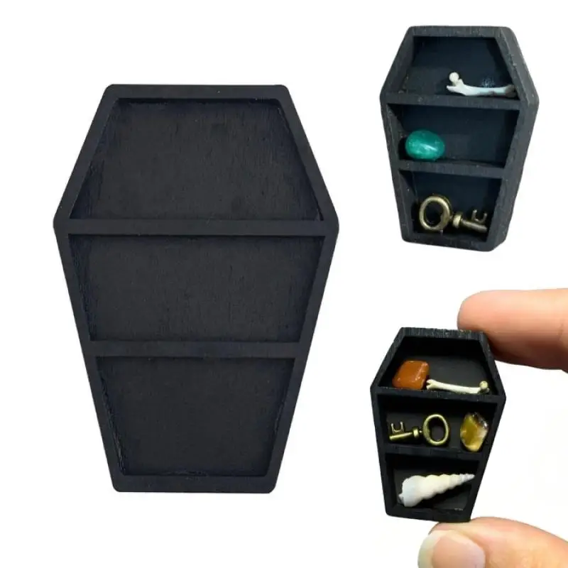 Coffin Shape Miniature Trinket Shelf Crystal Shelf Dollhouse Miniature Decor Gothic Wooden Jewelry Display Tray Ring Storage