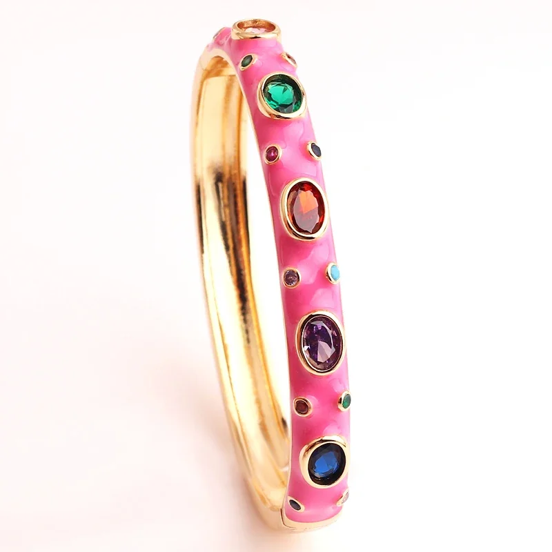 New Fashion 18k Gold Plated 5A Cubic Zirconia Bracelet For Women 7 Colors Candy Colorful Neon Enamel Rainbow CZ Bangle Gifts