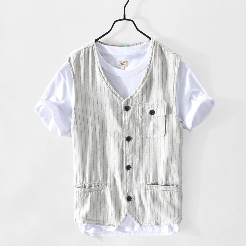 

Cotton Linen Striped Men's Vest Spring Autumn Classic Versatile Casual Vest Jacket Simple Comfortable Solid Gentleman Cardigan