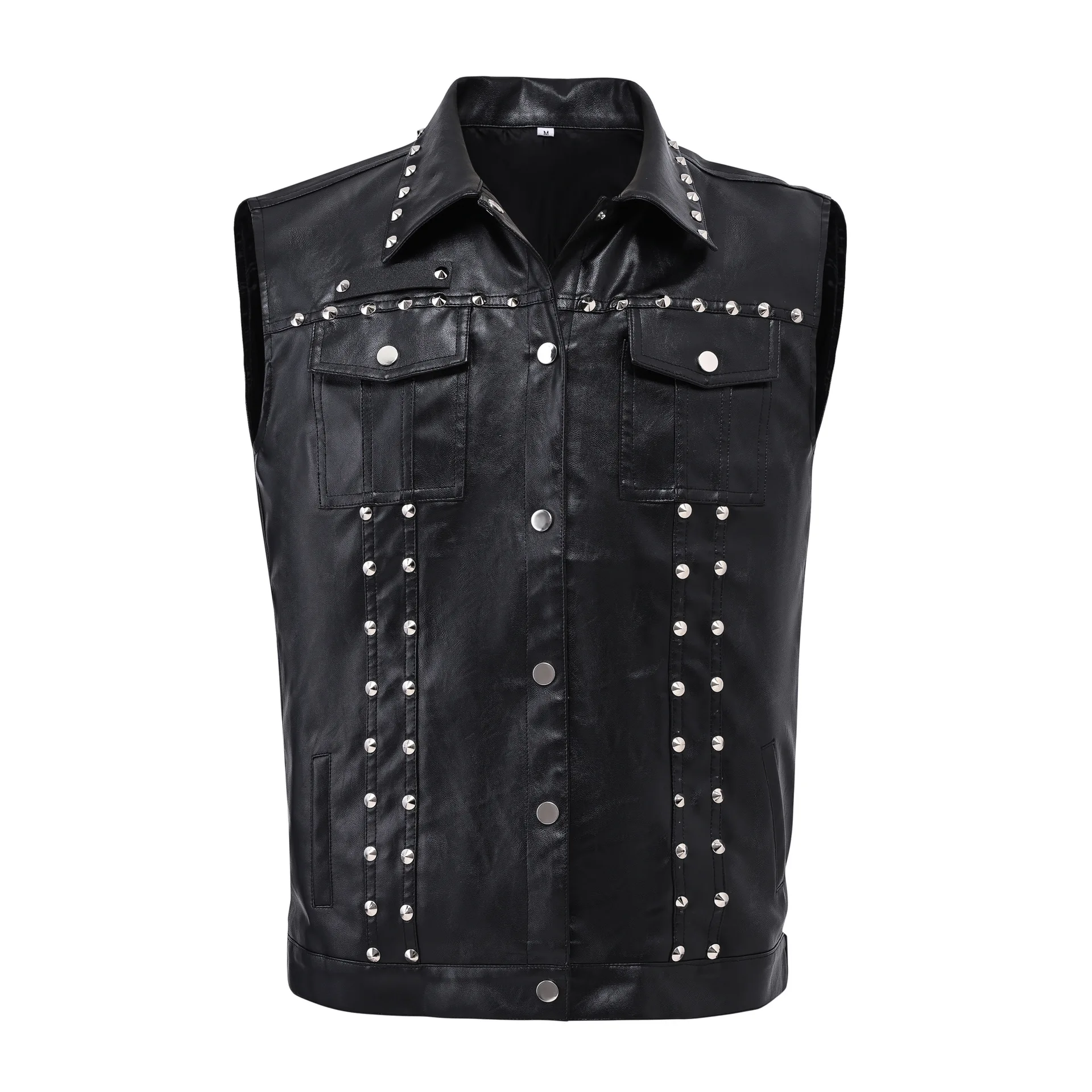 Men's Black Leather Vests Fashion Rivet Turn Down Collar Moto Biker Waistcoat Male Slim Fit Motorcycle Sleeveless Jacket Outwear