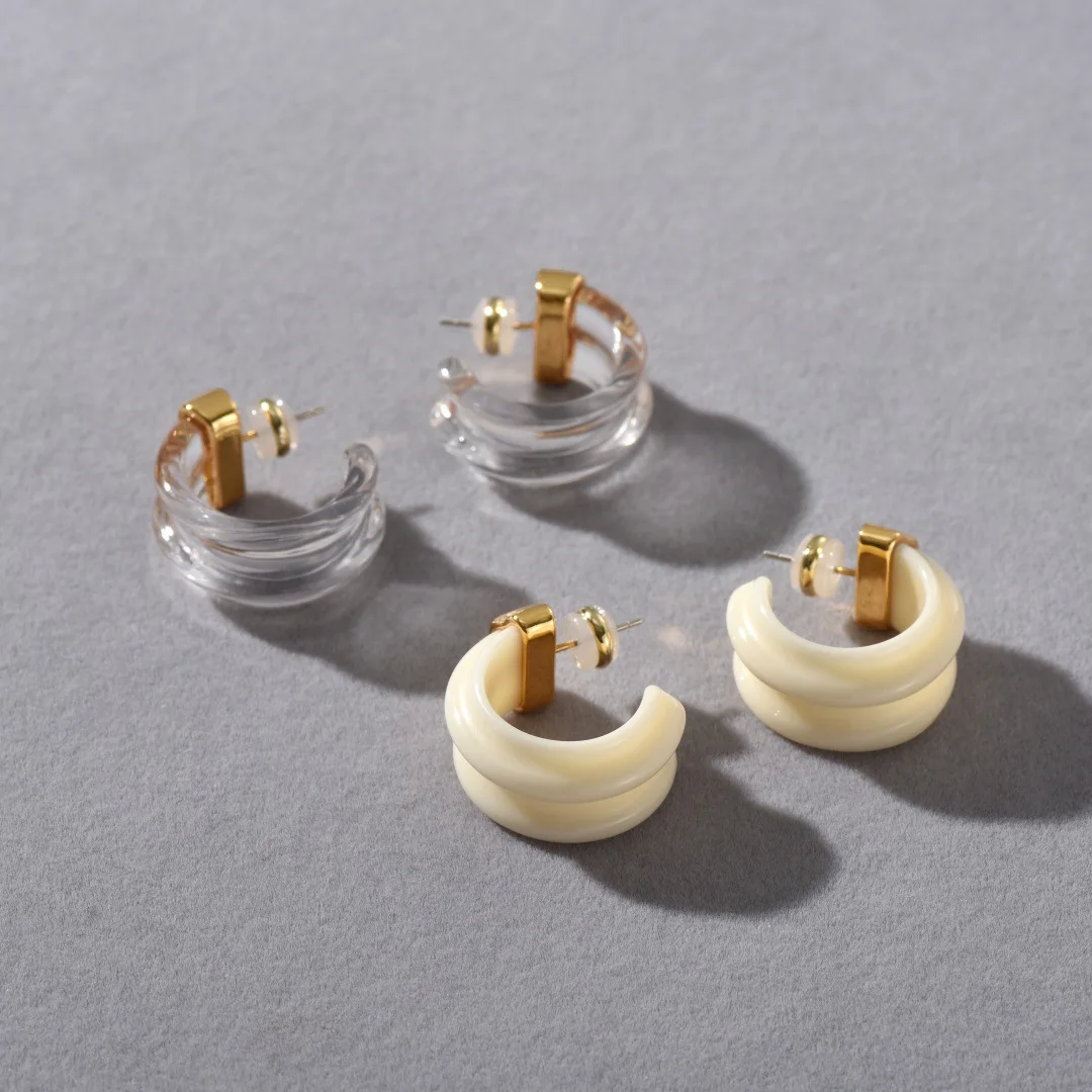 

C-Shape Resin Hoop Earrings,S925 Silver Ear Posts, Modern Minimalist Dainty Earrings