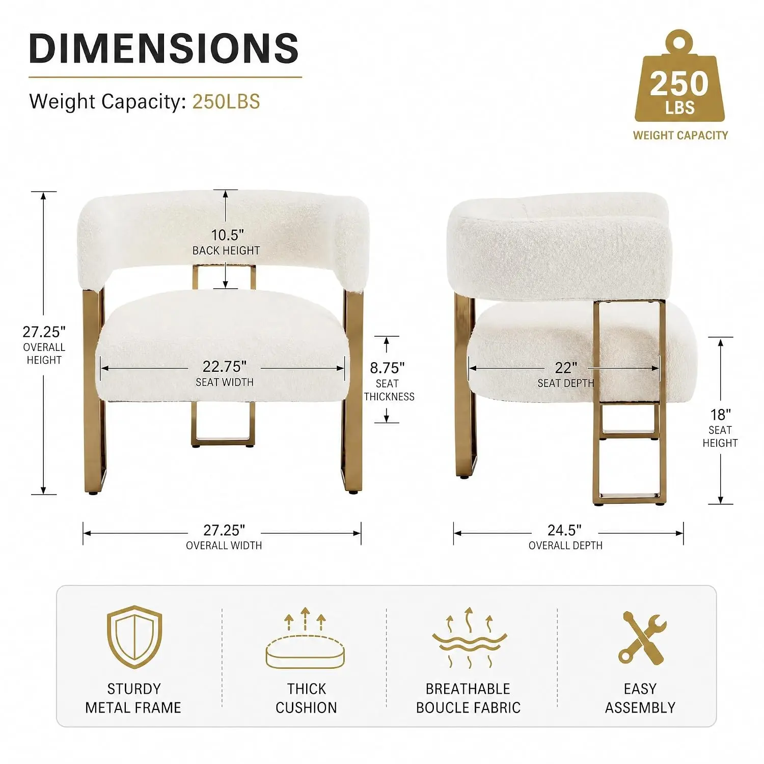 Sherpa Barrel Chair with Golden Metal Legs, Modern Reading Armchair for Bedroom Living Room Lounge Office White, Customized