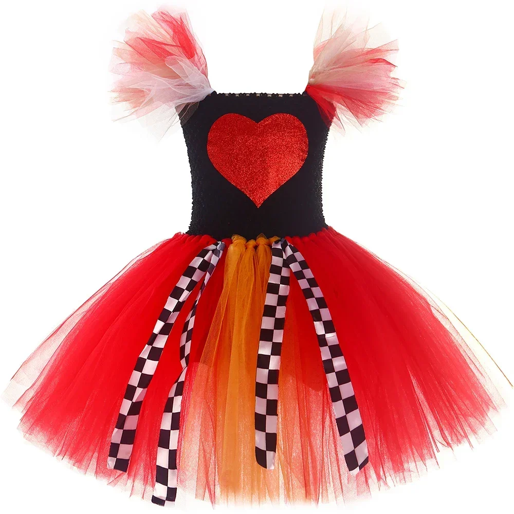 Girls Red Queen of Hearts Costume Kids Halloween Princess Dress Up Clothes Girls Fancy Carnival Party Dresses with Crown Wand