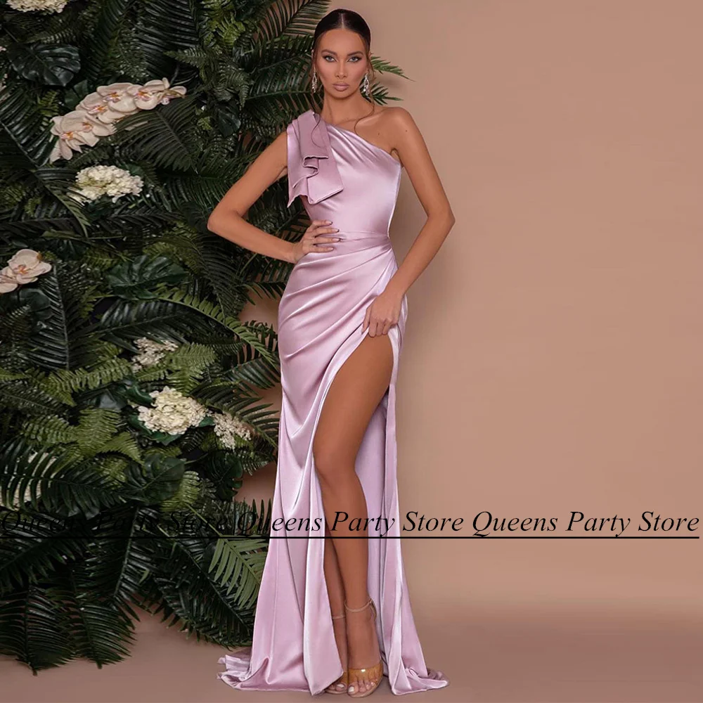 

Light Purple Evening Dress Sexy One Shoulder Sleeveless Bow Pleat Split Sweep Train Plain Prom Gown Bridesmaid Party Dresses