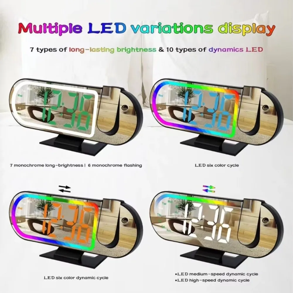 Large Screen Projection Alarm Clock Colorful Projection RGB Mood Light Digital Alarm Clock Temperature Clear Time