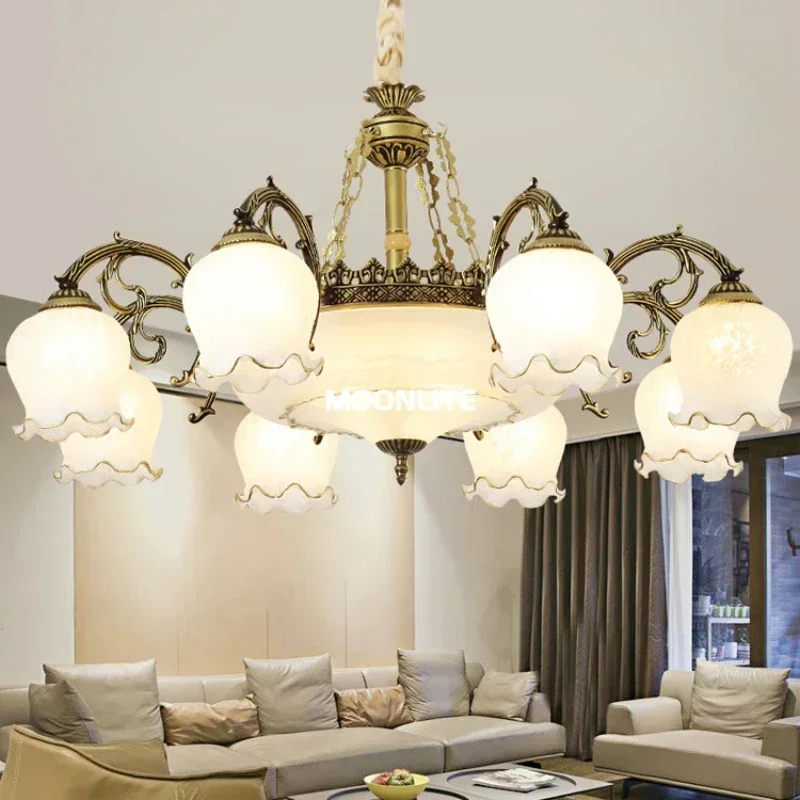 European-style Retro Living Room Glass Chandelier, American Second-hand Petal Chandelier, Bedroom Dining Room Decorative Lamp