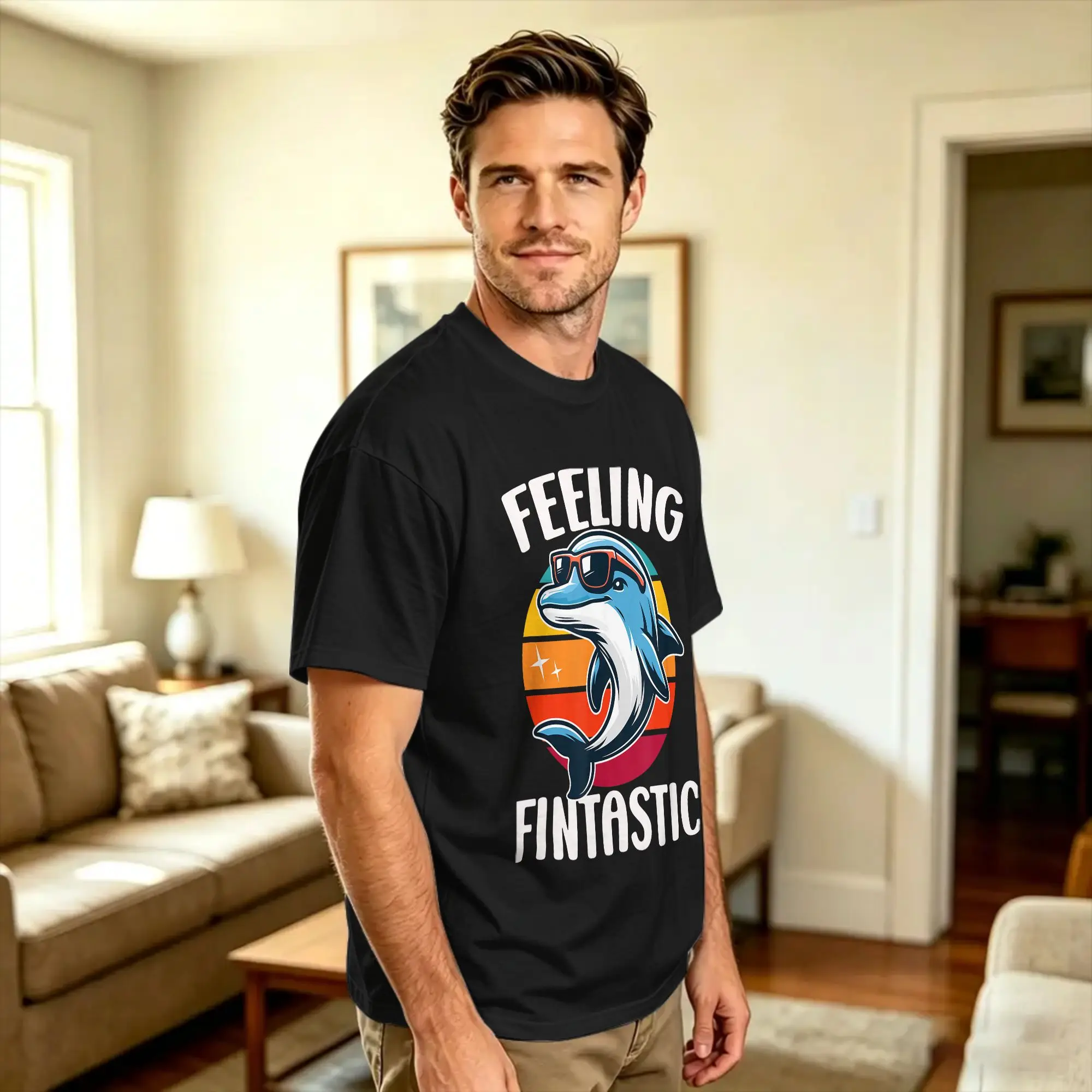 Feeling Fintastic Funny Dolphin T-Shirt Beach  Cotton T-Shirts For Mens Casual Tee Shirt Short Sleeve Funny Tops