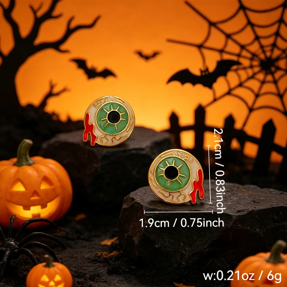 Halloween Horror Bloodshot Green Eye Mini Earrings with Gold Edges and Quirky Devil Eye Design, a Pair of Dark Atmosphere Earrings